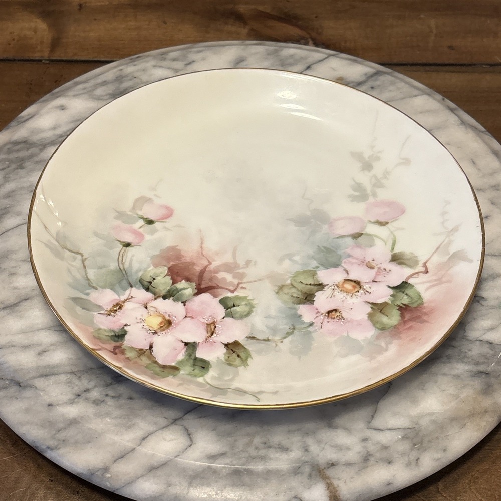 VTG Bavaria Laporte Hand Painted 8"‎ Plate Pink Flowers Apple Blossoms Gold Rim